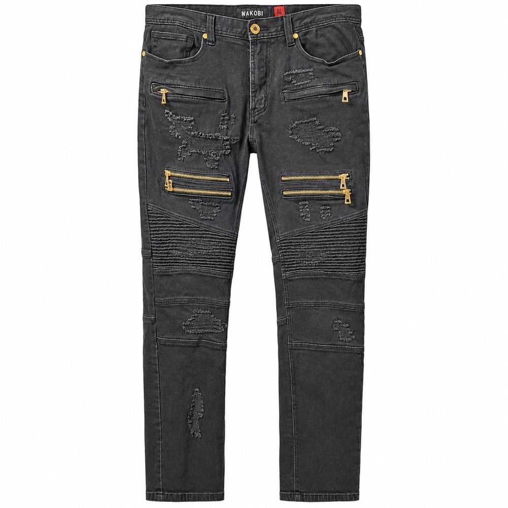 MAKOBI Moto Biker Streetwear Jean Sz 34x32 Black Slim Distressed Zippers 90s Y2K